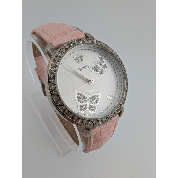 Guess Accessories - Guess Women's Watch Butterfly Dial Pave Bezel Pink Leather Band- New Battery
